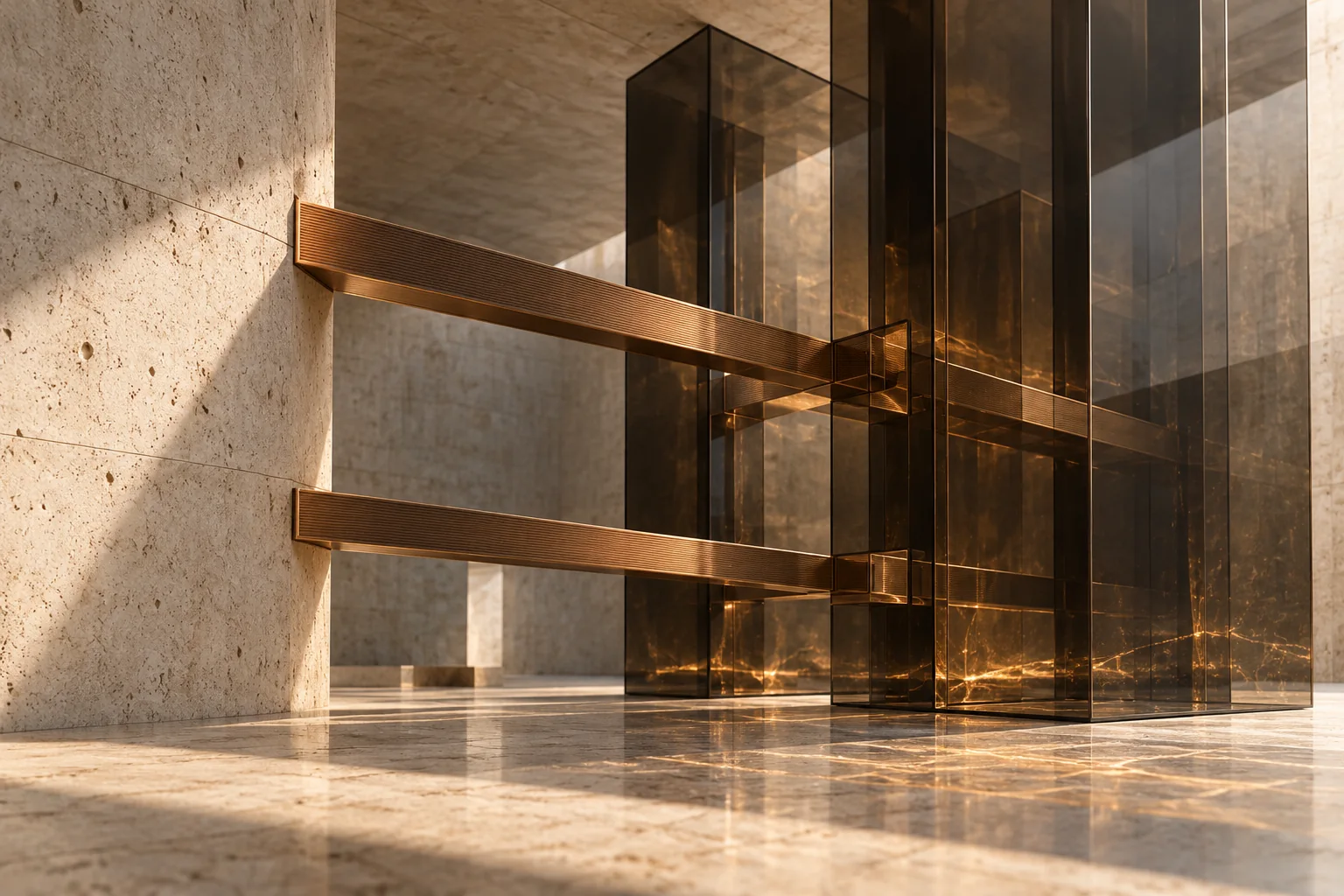 Conceptual architectural study of smoked glass planes connected by brushed copper members inside a warm travertine volume.