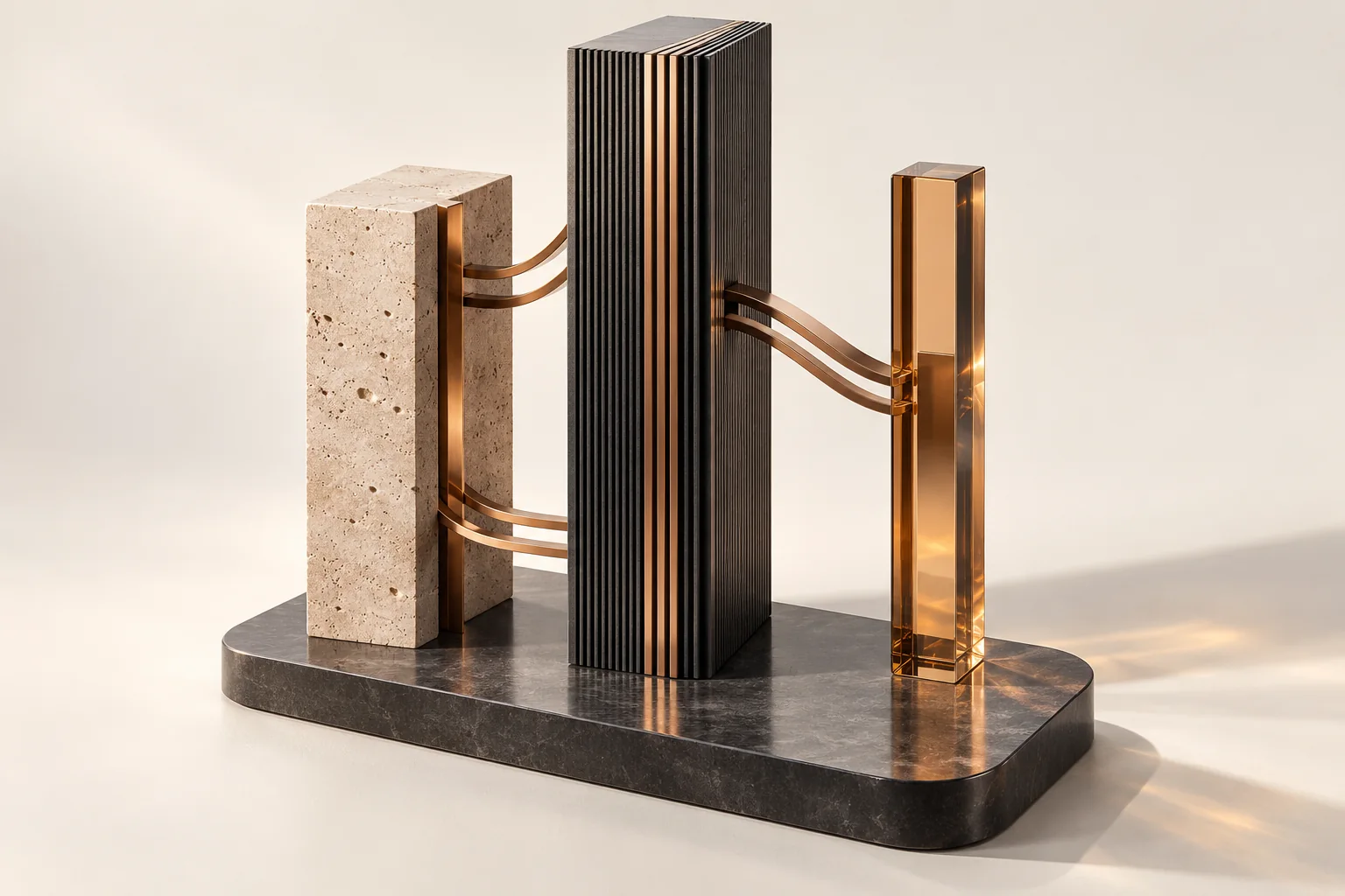Abstract architectural sculpture combining travertine, graphite metal and amber glass with copper connections.
